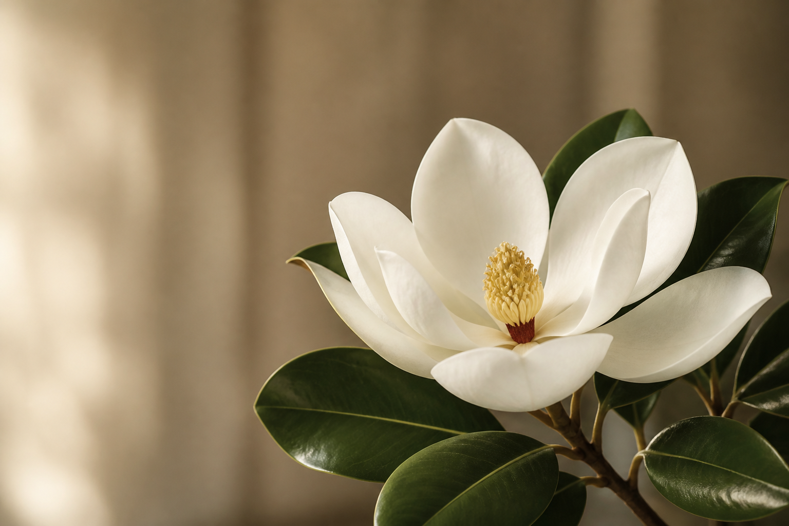 White magnolia flower with dark green leaves.